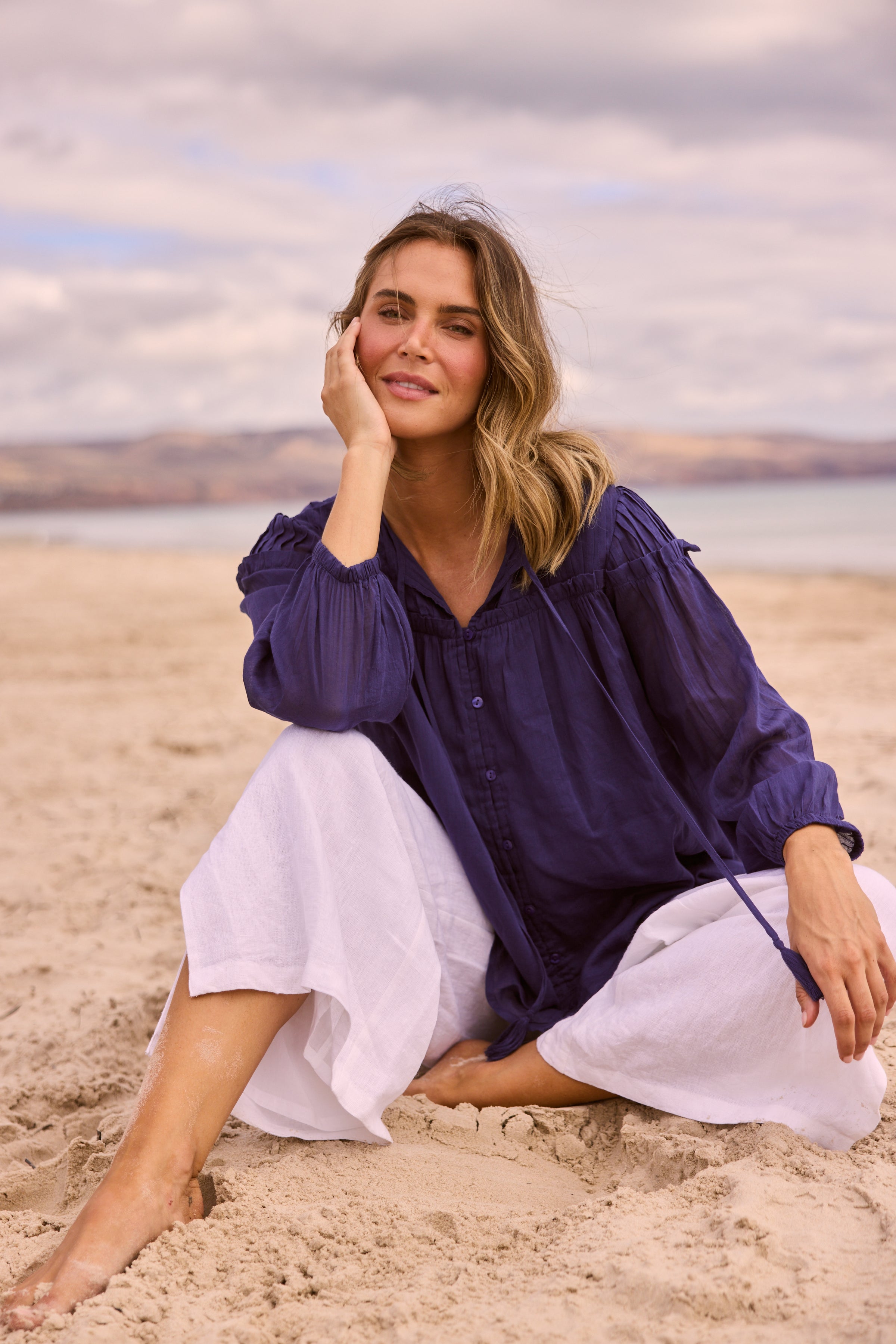 Holiday Aella Blouse in navy styled outfit