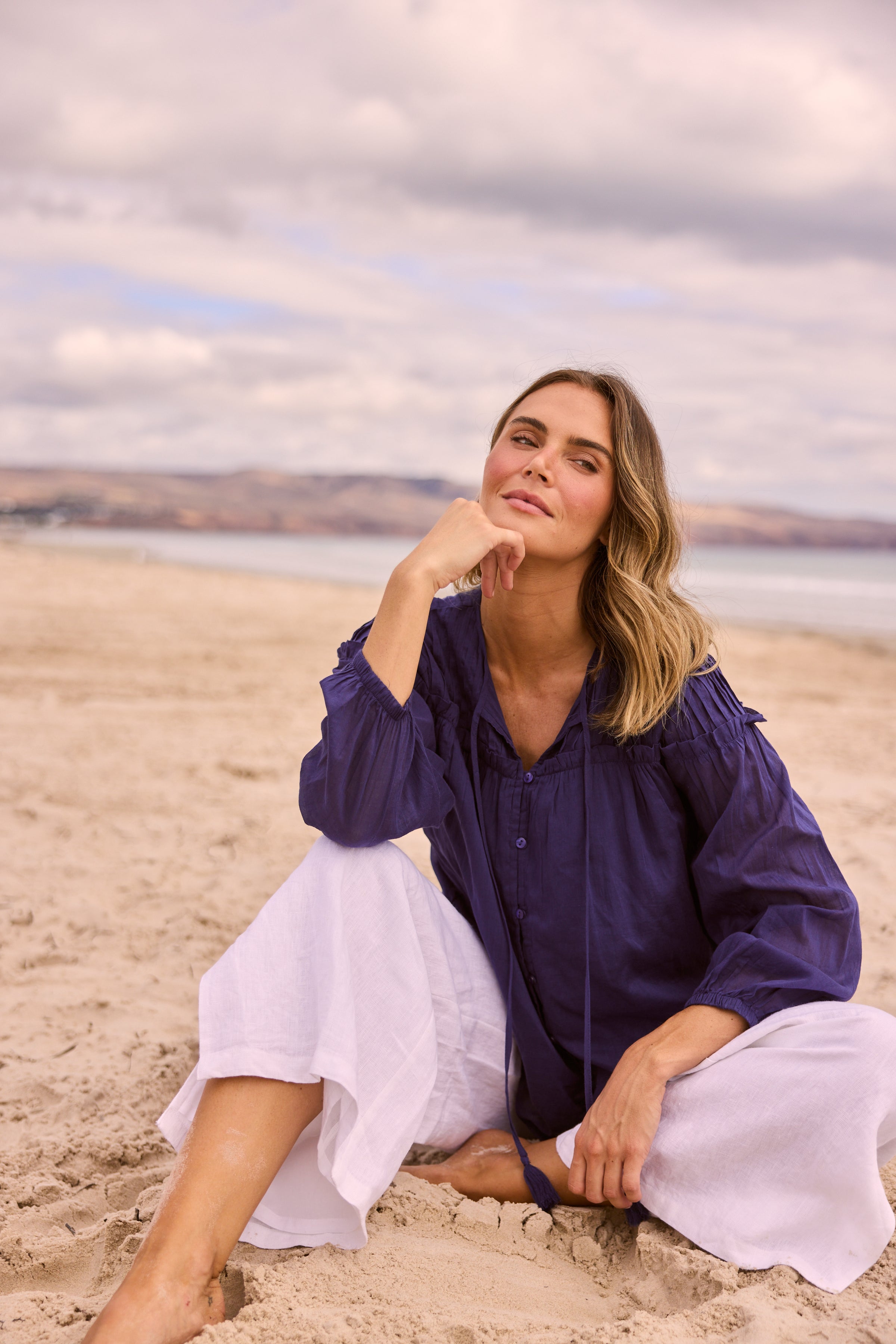 Holiday Aella Blouse in navy styled outfit