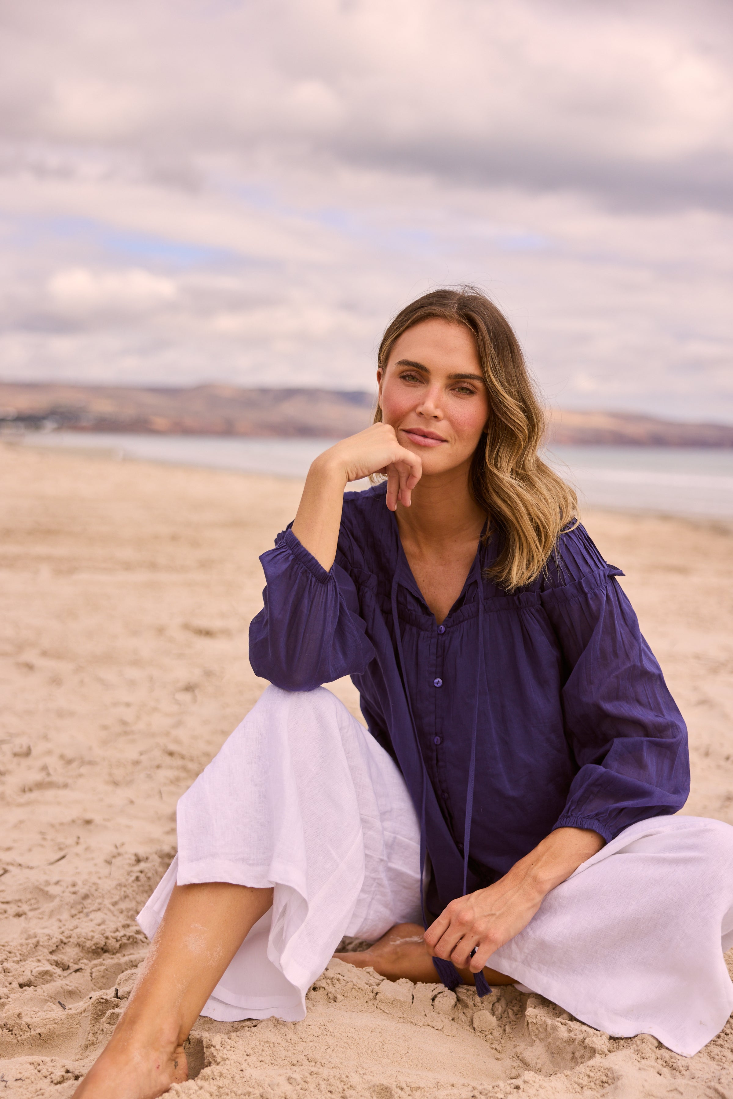 Holiday Aella Blouse in navy styled outfit