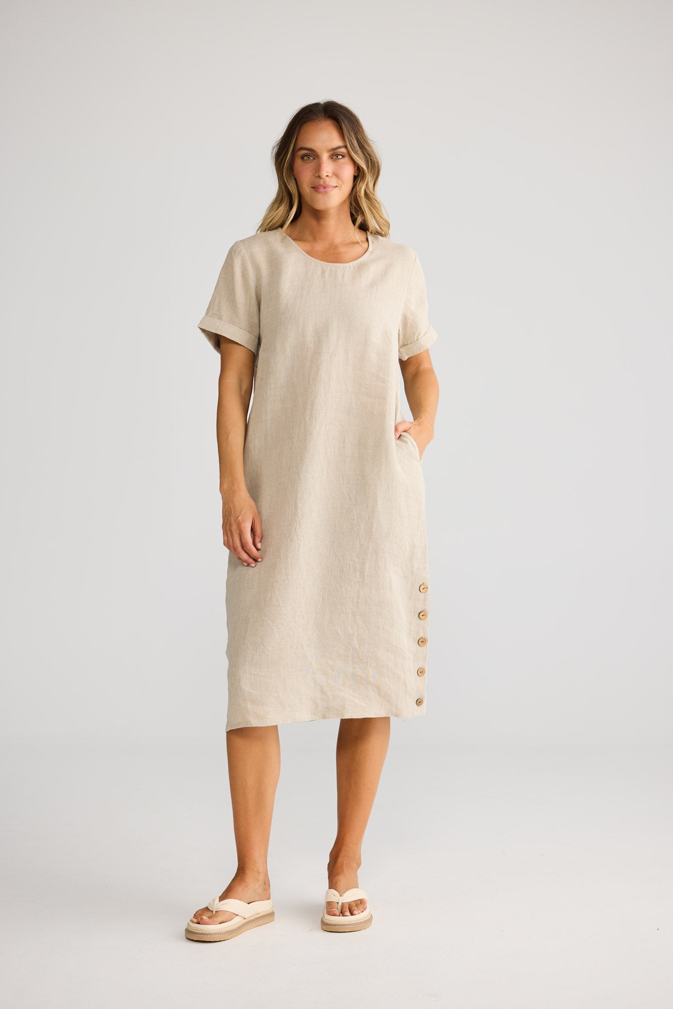 Holiday Foreshore Dress in Natural Linen, front view
