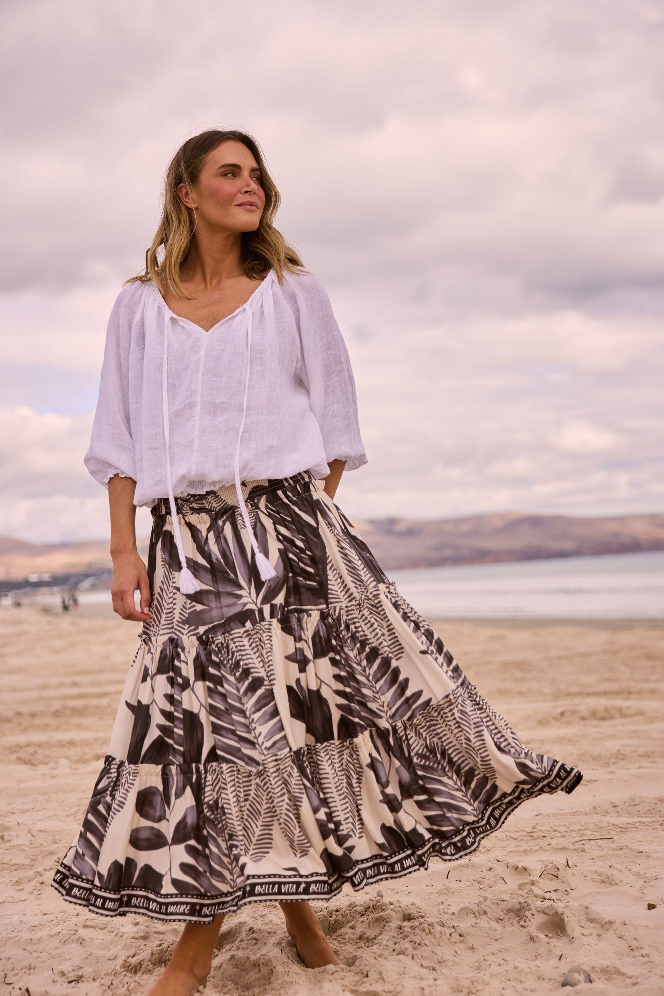 Holiday Seaside Top in White, worn with linen pants