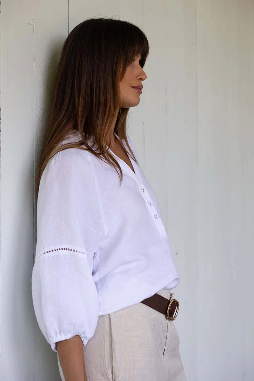 Linen V-Neck Blouse - White