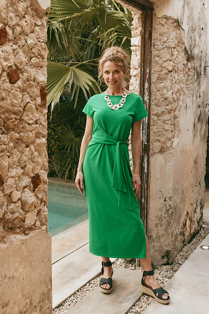 Mock Wrap Tie Dress - Green