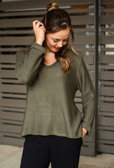 Silver Wishes Knit Top in Khaki - model wearing V-neck cotton knit