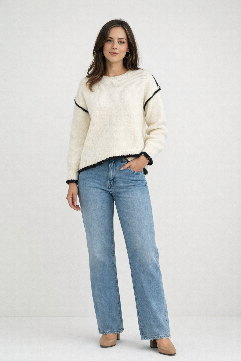 Fria Two Tone Rib Jumper - Cream/Brown