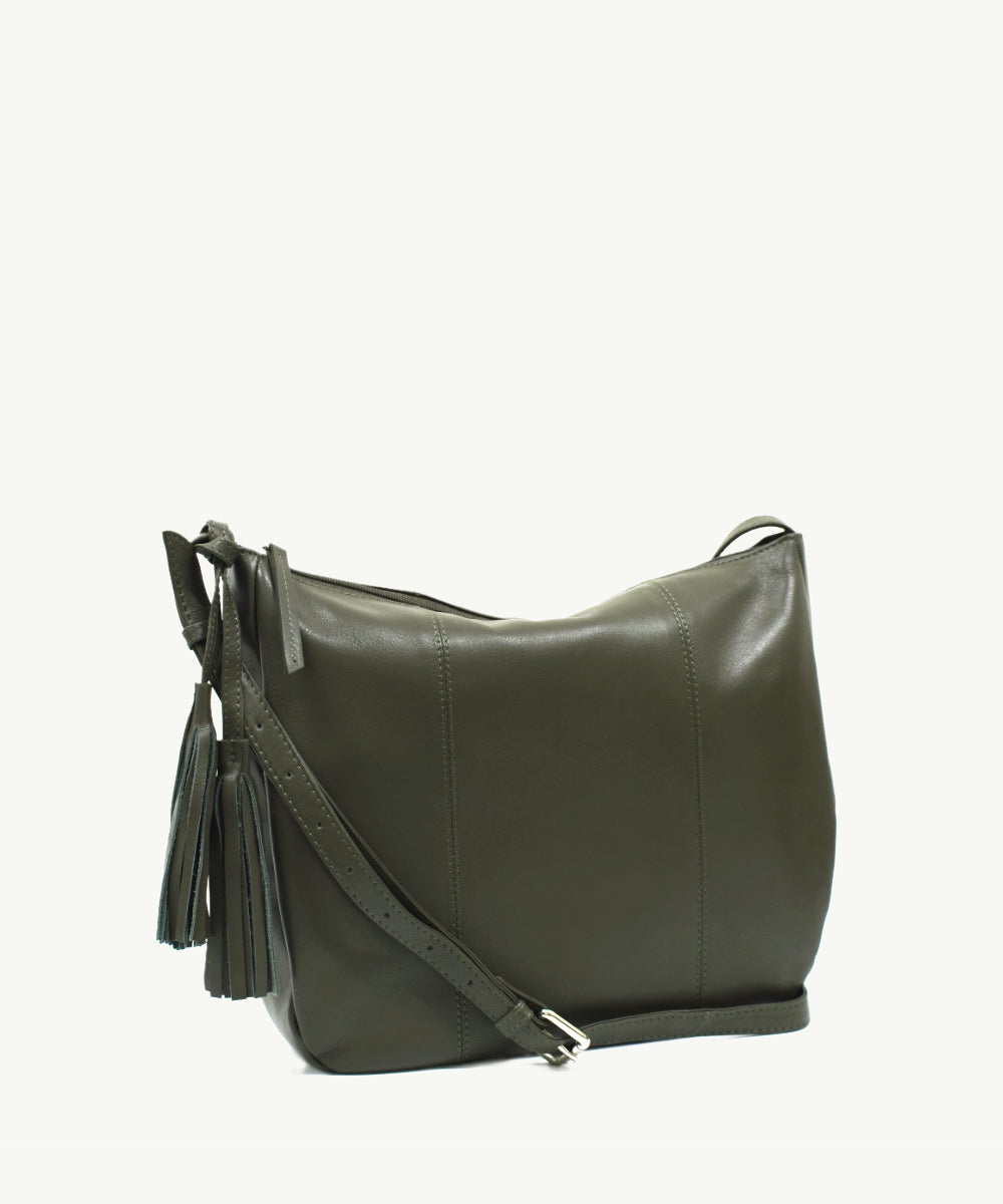 Sassy Duck Jasmine Leather Cross Body Bag in Olive Green detail view
