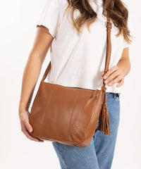 Sassy Duck Jasmine Leather Cross Body Bag in Tan styled shot