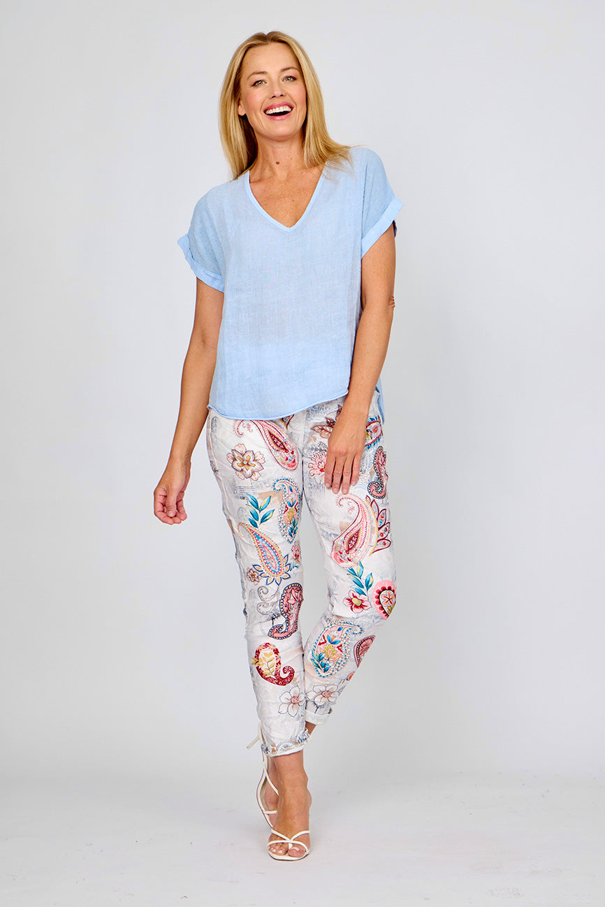 Linen Blend Top - Celeste Blue