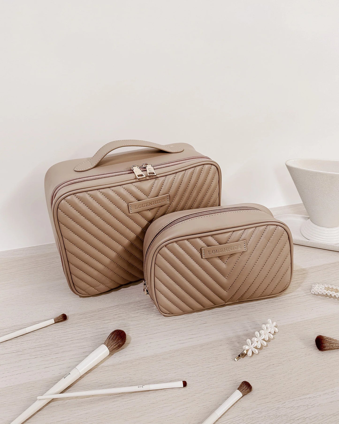 Louenhide Maggie Lacey Quilted Cosmetic Bag Set Coffee