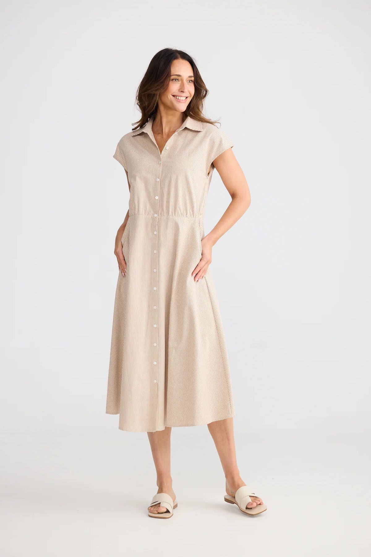 Musings Dress - Latte Pinstripe