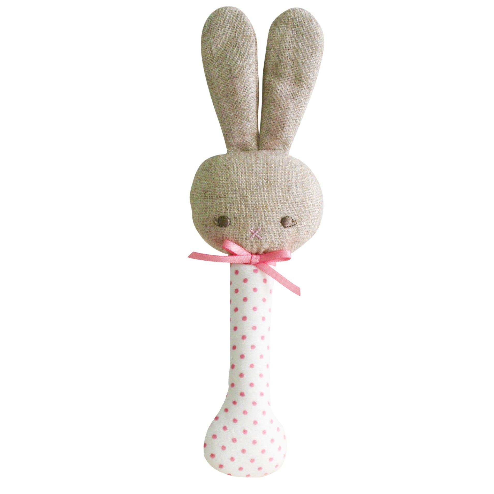 Alimrose Stick Rattle Baby Bunny in Pink Spot on Ivory