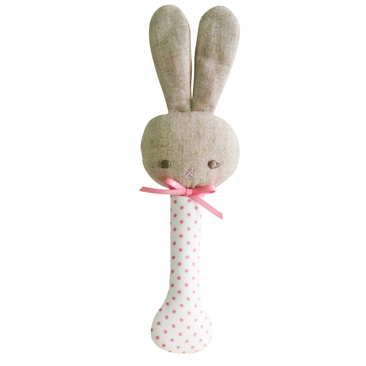 Alimrose Stick Rattle Baby Bunny in Pink Spot on Ivory