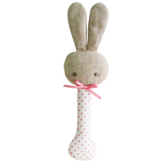 Alimrose Stick Rattle Baby Bunny in Pink Spot on Ivory