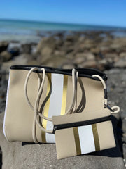 Neoprene Tote Bag – Vegan 2-Piece Set | Beige & Gold