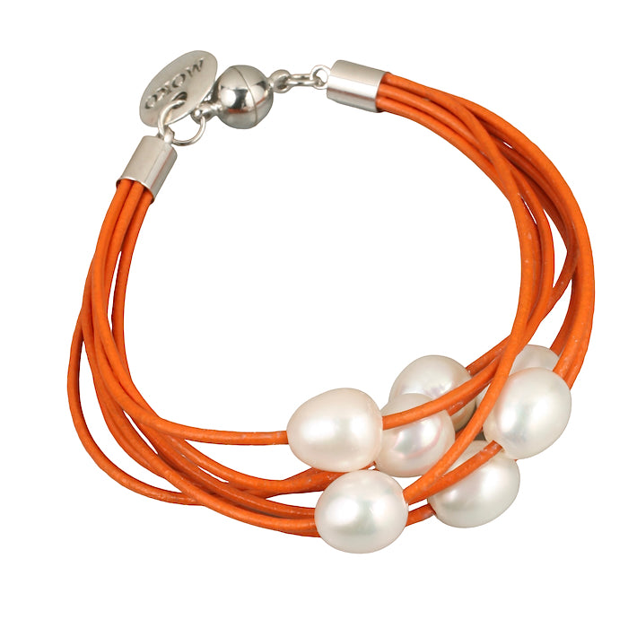 7 Strand Leather & Pearl Bracelet - Orange