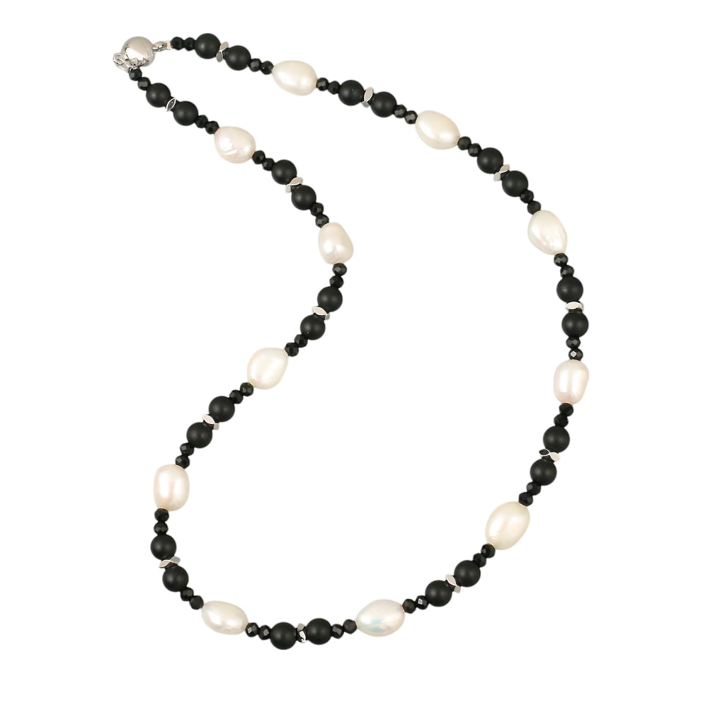 Lulus Crystals Pearls and Onyx necklace with white gold beads
