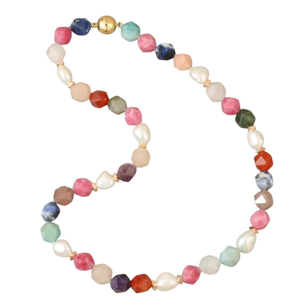 Gemma Gem Stone Necklace - multi gem stones and pearls on gold