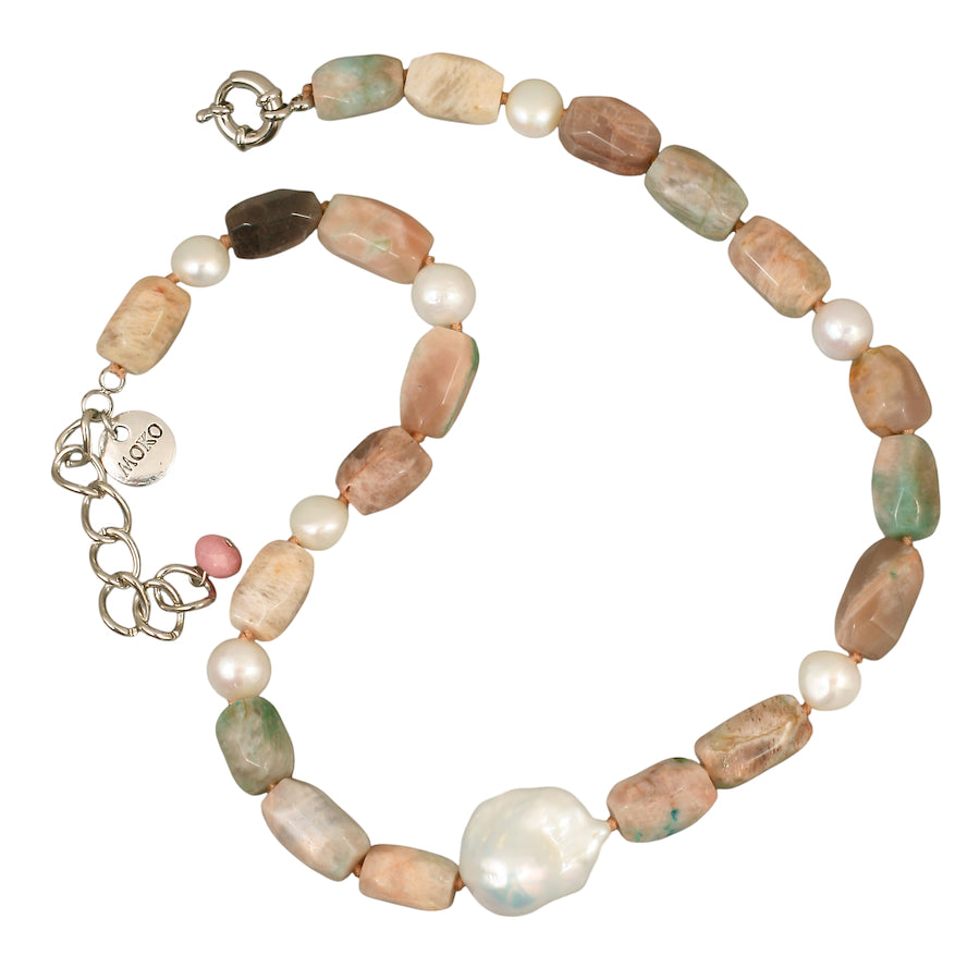 Sun Stone and Pearl Necklace with baroque pearl pendant