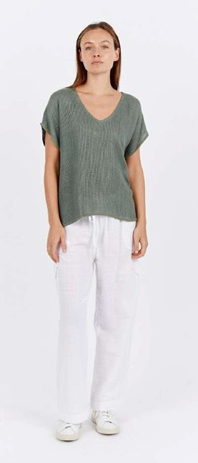 Paris V Neck Hessian Top Sage Leaf Green