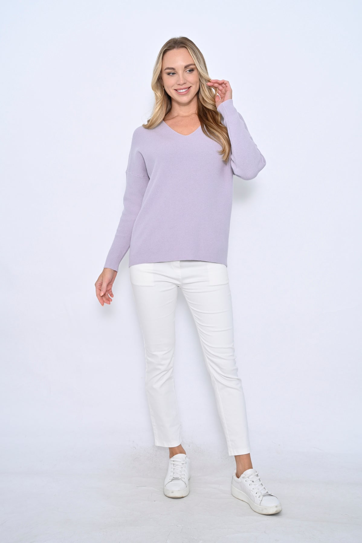 Cali & Co V Neck Ribbed Knit Jumper Lilac