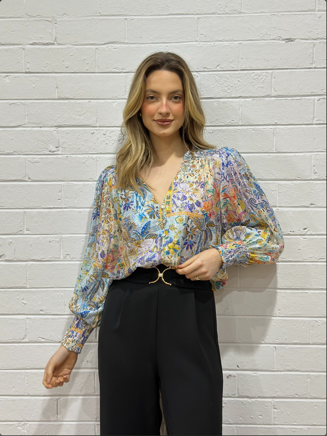 Floral Foil Print Blouse – Blue