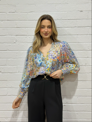 Floral Foil Print Blouse – Blue