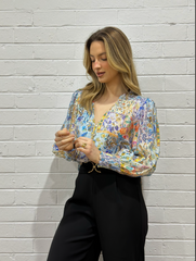 Floral Foil Print Blouse – Blue