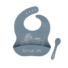 Load image into Gallery viewer, All 4 Ella Silicone Catch Bib &amp; Spoon Boats Slate Blue