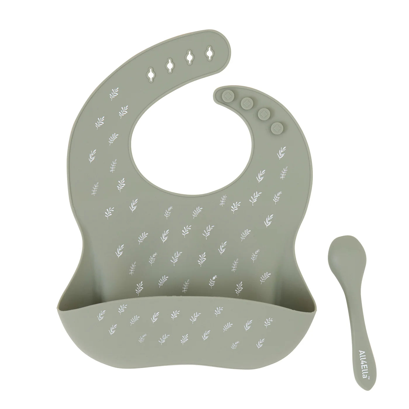 All 4 Ella Silicone Catch Bib & Spoon Olive