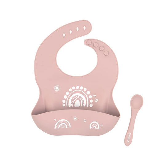 All 4 Ella Silicone Catch Bib & Spoon Rainbow Dusty Pink