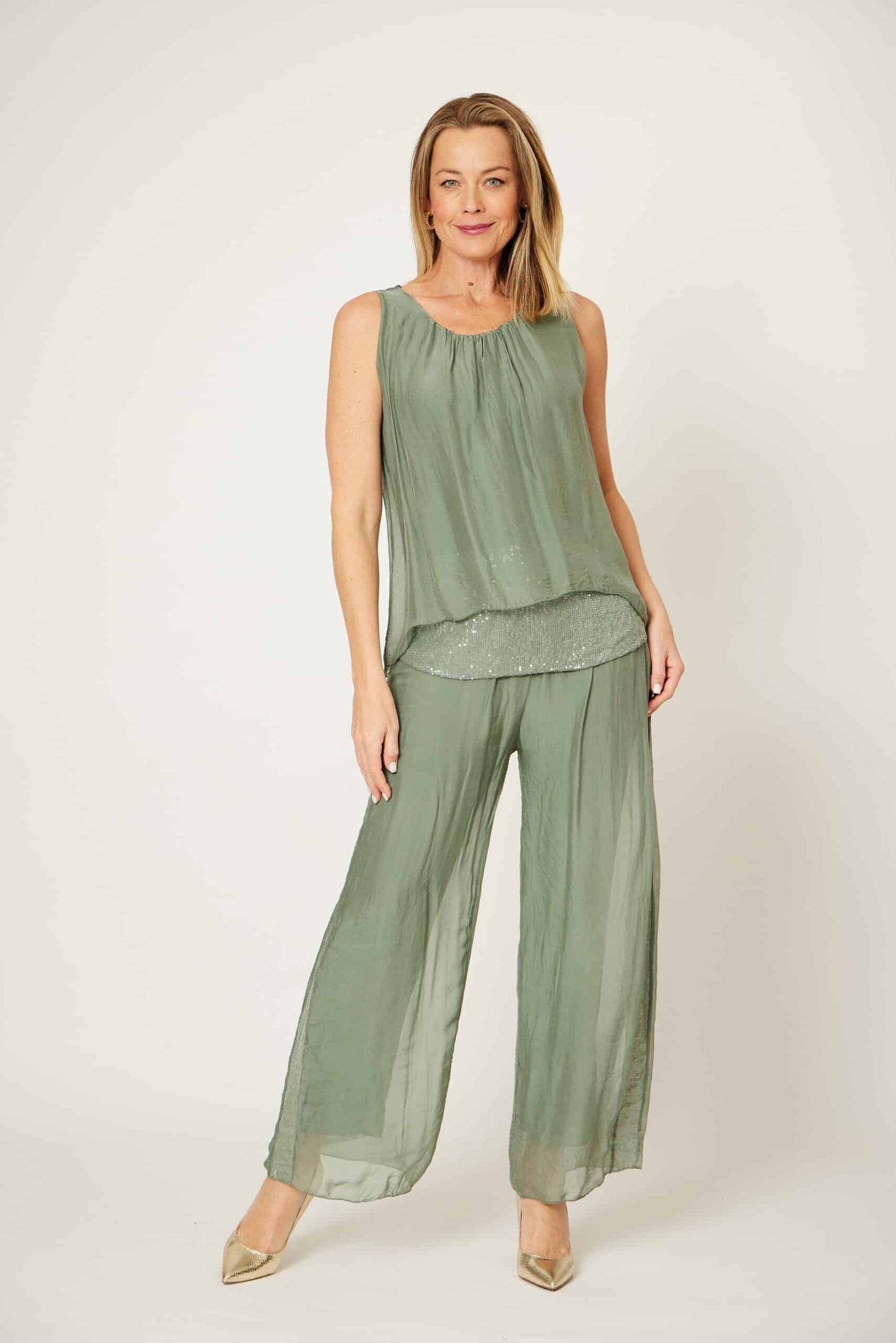 Sequin Panel Silk Cami Khaki