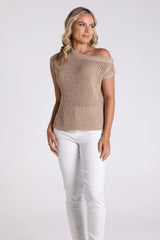 Tape Yarn Knit with Boat Neck - Sand
