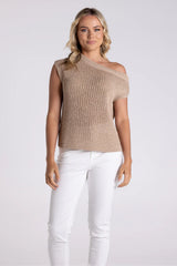 Tape Yarn Knit with Boat Neck - Sand