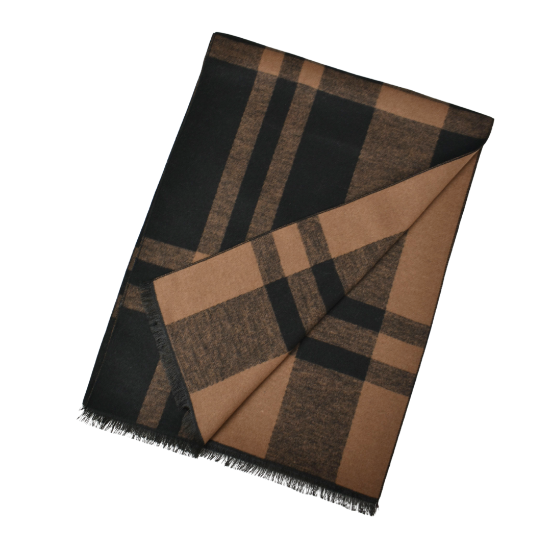 Camel Reversible Plaid Check Scarf
