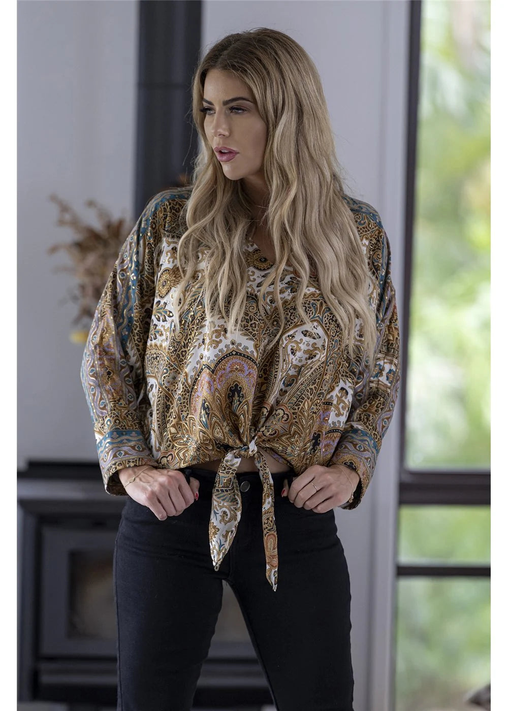 Donella Collared Blouse – Gold & Teal Print