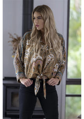 Donella Collared Blouse – Gold & Teal Print