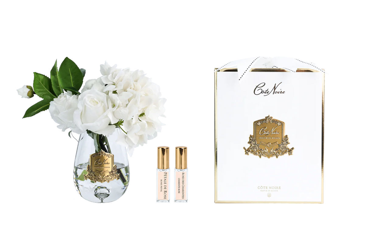 Côte Noire Perfumed Tea Rose & Hydrangea in Hand-Blown Tear Drop Vase