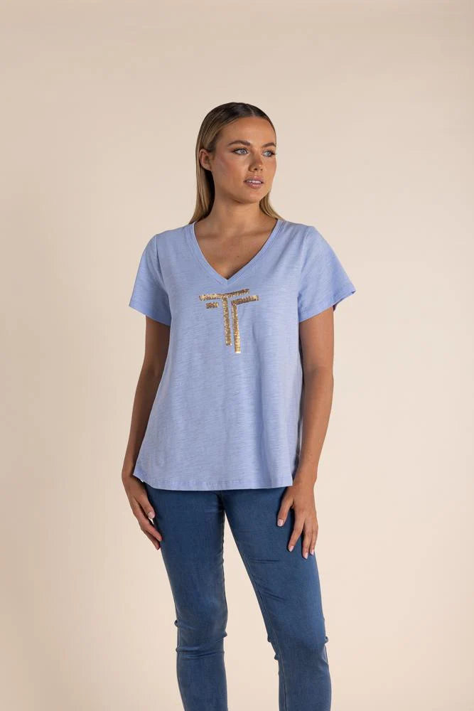 Sequin Logo V-Neck T-Shirt - Blue