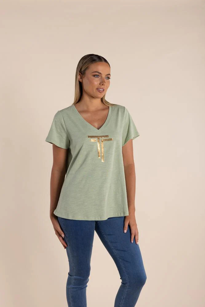 Sequin Logo V-Neck T-Shirt - Green