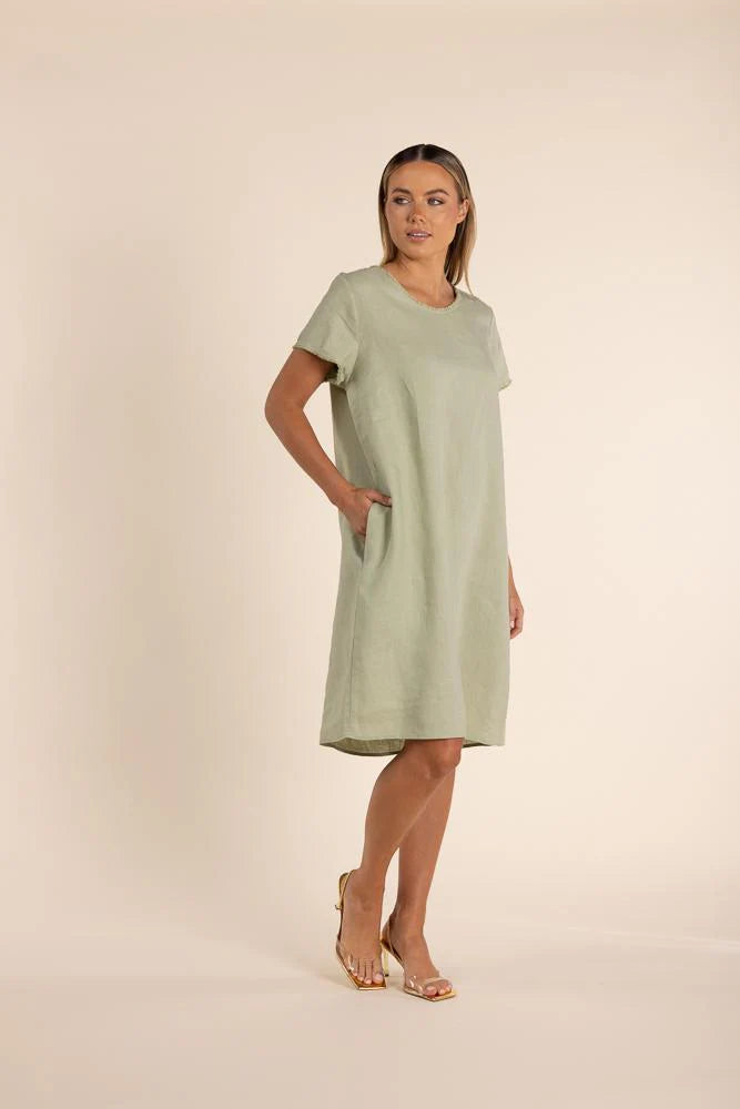 Linen Dress with Fringe Trim