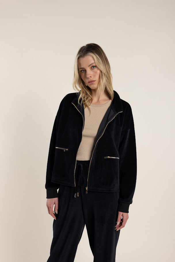 Two T's Cropped Velour Jacket Black