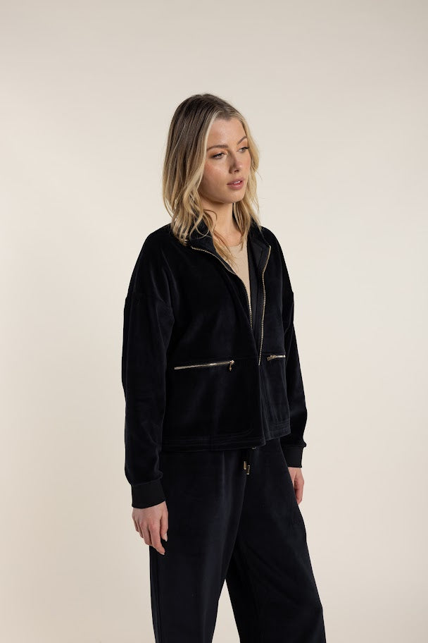 Two T's Cropped Velour Jacket Black