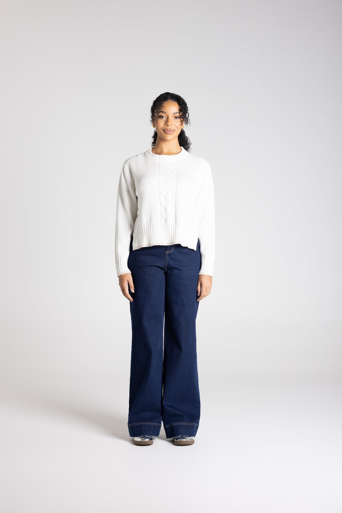 Two T’s V-Neck Cable Knit – Winter White Oat Tip Sweater