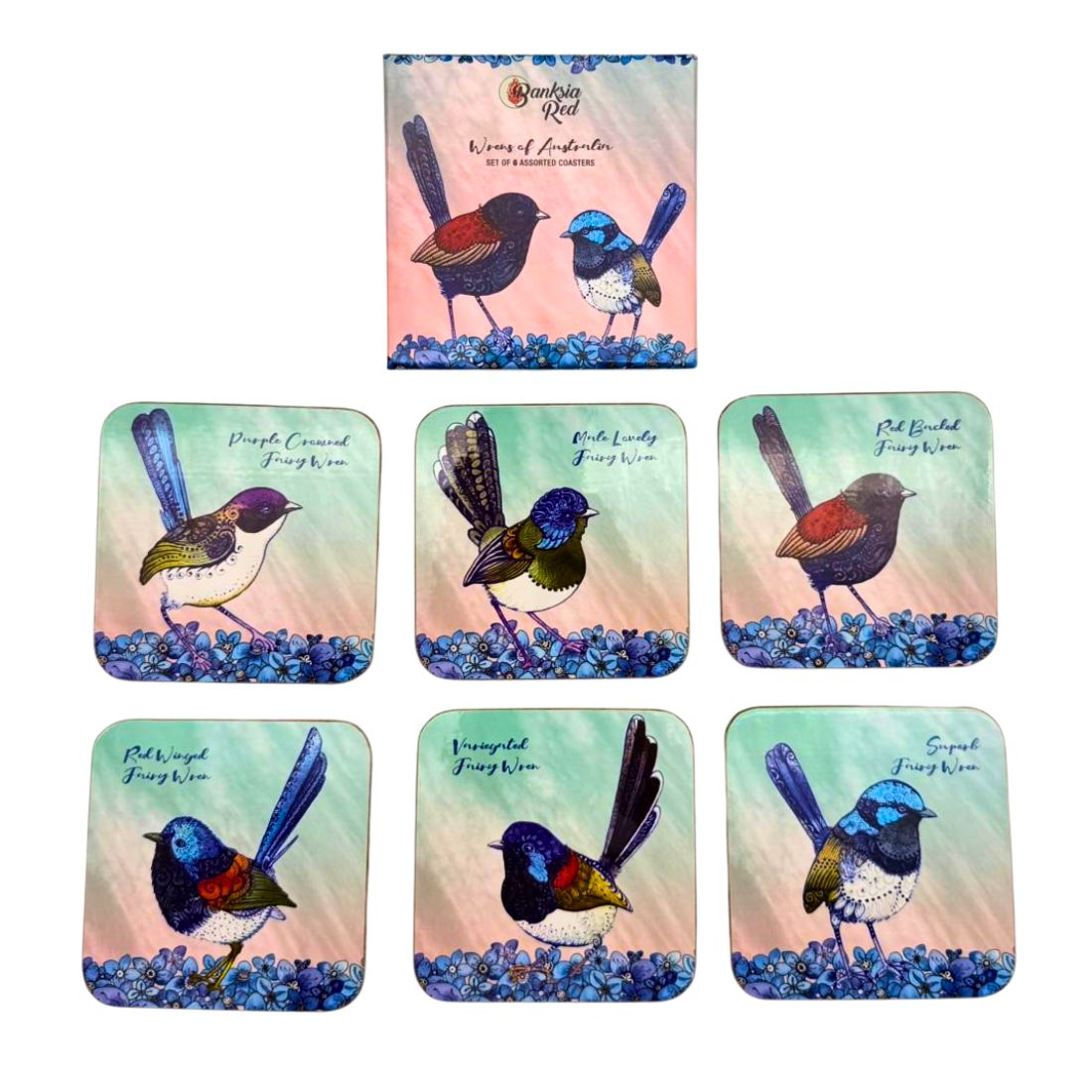 Banksia Red Wrens of Australia coaster set of 6