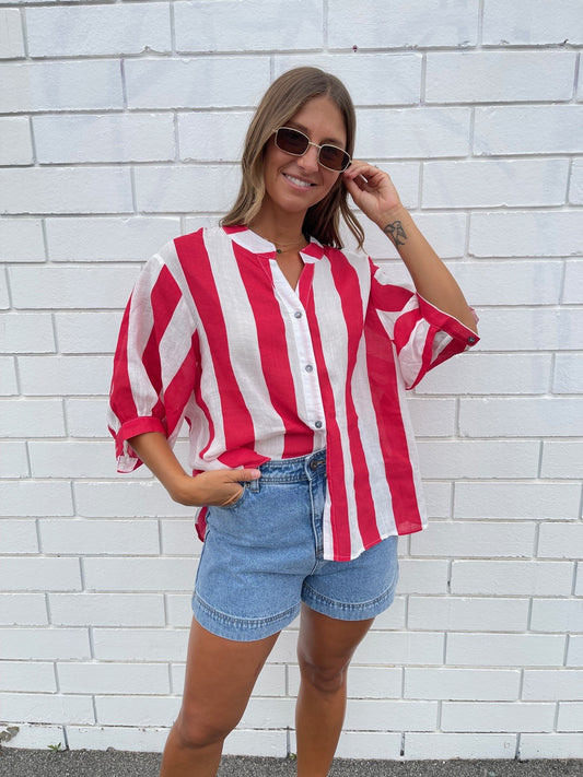 Striped Linen Blouse - Red & White