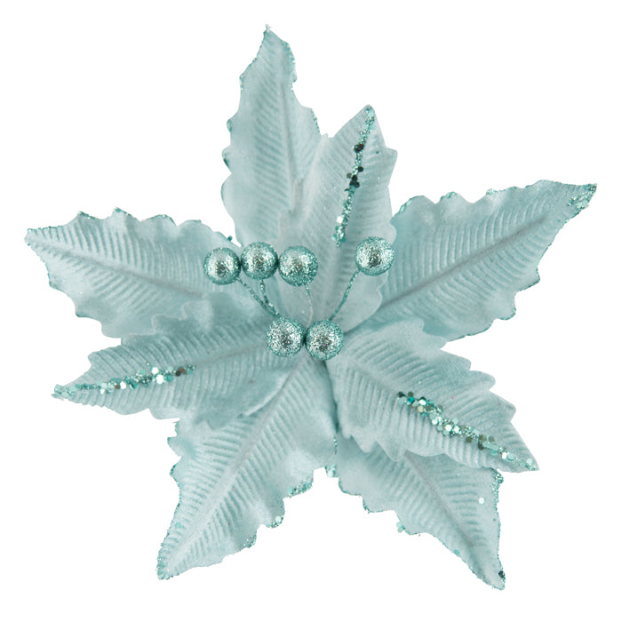 Blue Glitter Poinsettia Clip-On Christmas Decoration