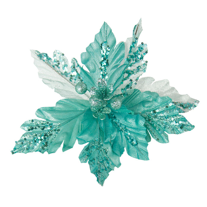 Teal Poinsettia Clip-On Leaves for Holiday Decor