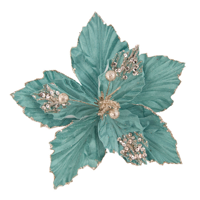 Teal Gold Embossed Leaf Christmas Poinsettia Clip