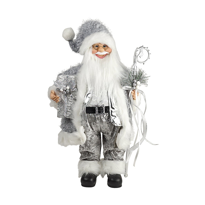 Festive Silver Fabric Santa Claus with Staff for Christmas Decor