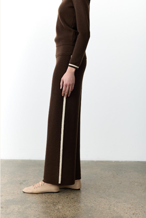 Amelia Knitted Pants in brown with contrast cream side stripe - side view